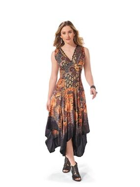 New The Pyramid Collection Sharona Dio Dye Boho Paisley Handkerchief Hem Dress